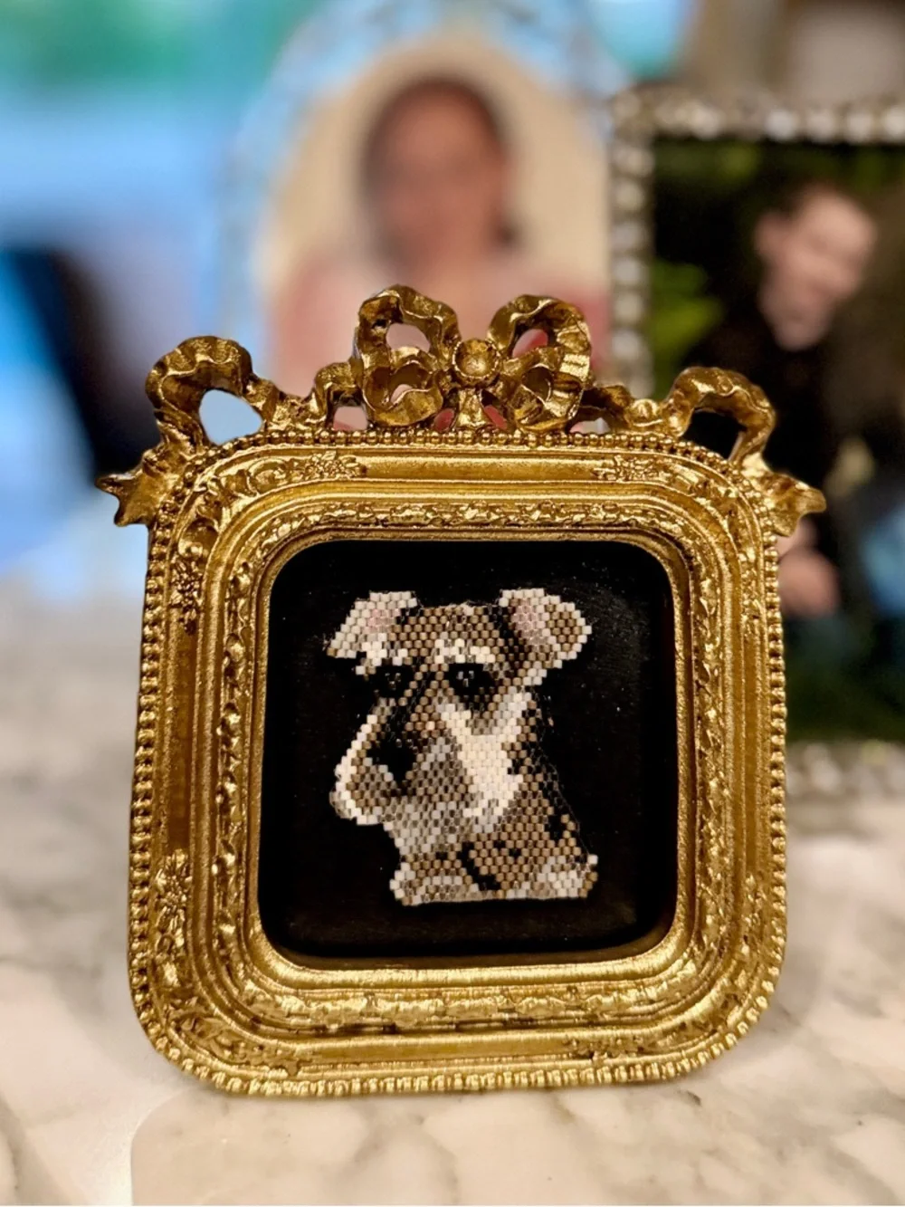 Framed Schnauzer Beaded Art โ Ornate Gold Mini Dog Portrait - Picture 7 of 9